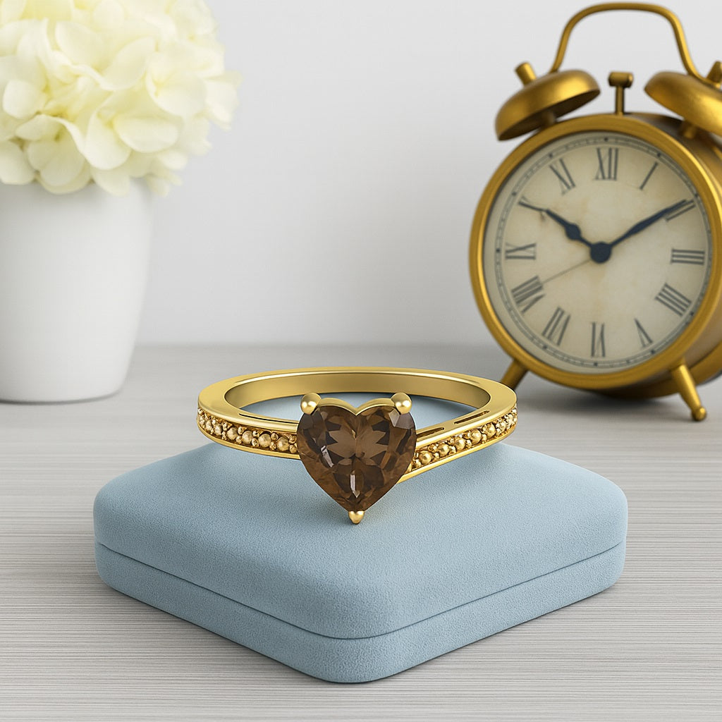 Smoky Quartz 1.25 Ct Heart Cut Beaded Band Ring – 14K Yellow Gold