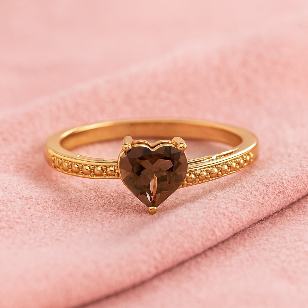 Smoky Quartz 1.25 Ct Heart Cut Beaded Band Ring – 14K Yellow Gold