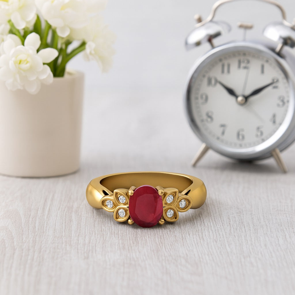 Ruby 1.50 Ct Oval Floral Accents Ring – 14k Yellow Gold