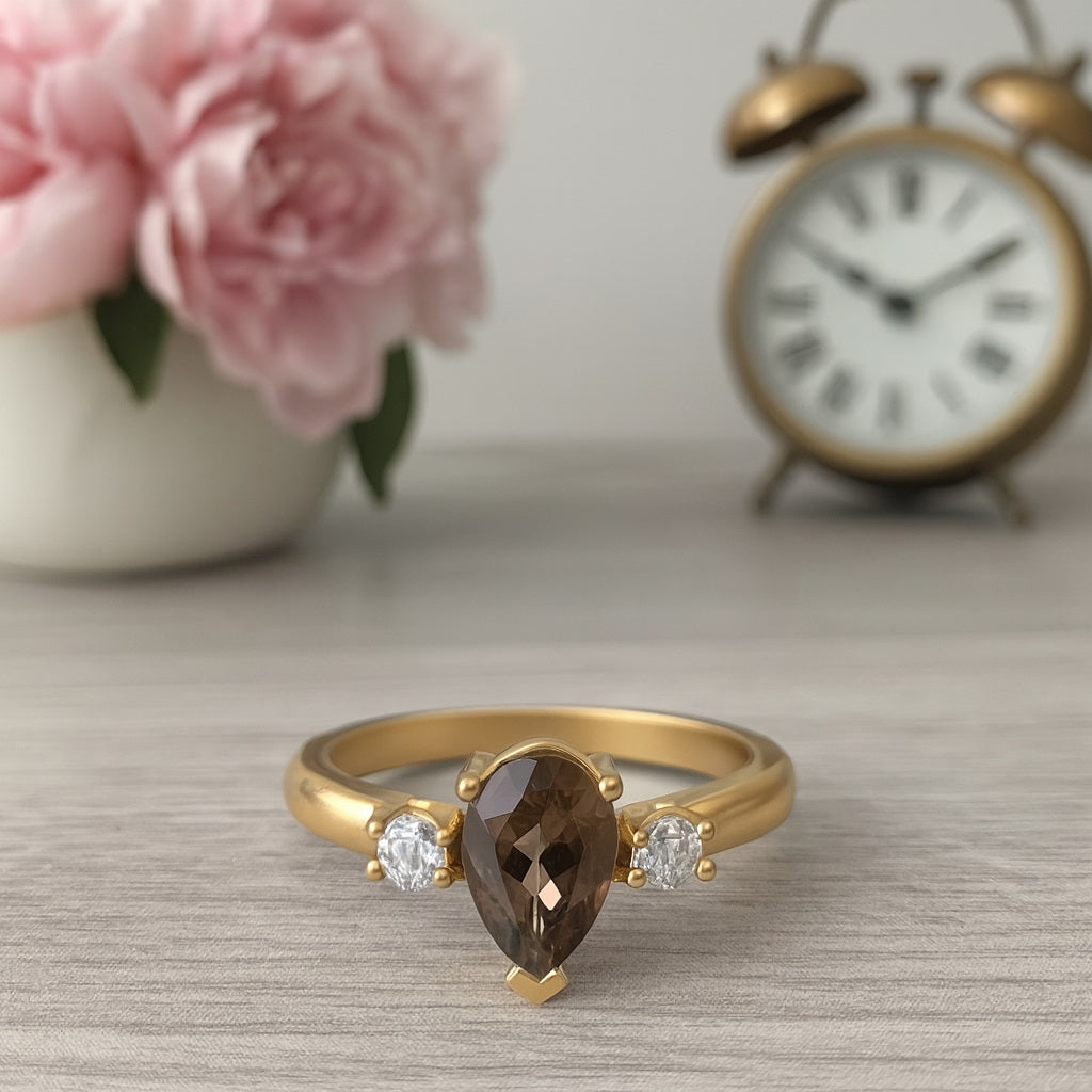Smoky Quartz 1.50 Ct Pear Shape Three-Stone Ring - 14K Yellow Gold