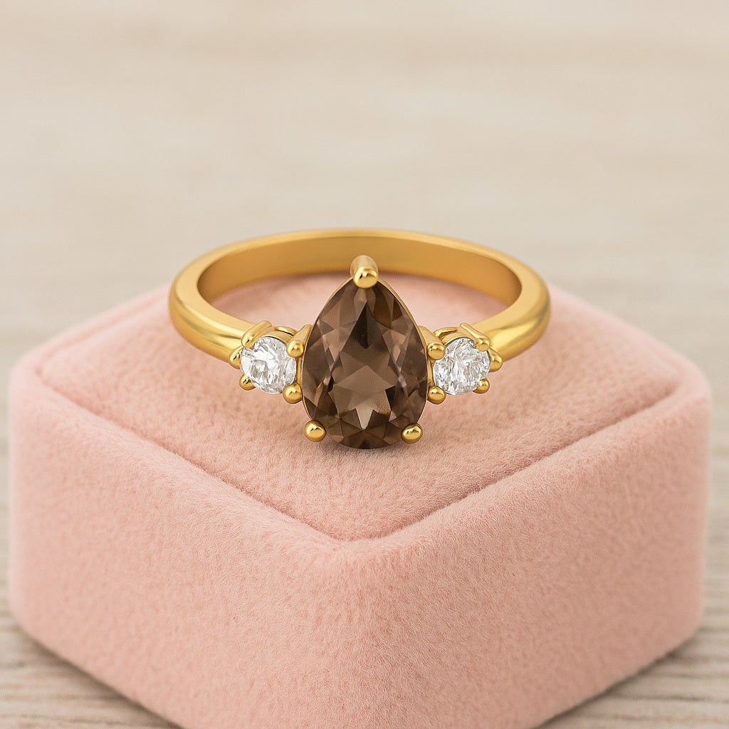 Smoky Quartz 1.50 Ct Pear Shape Three-Stone Ring - 14K Yellow Gold