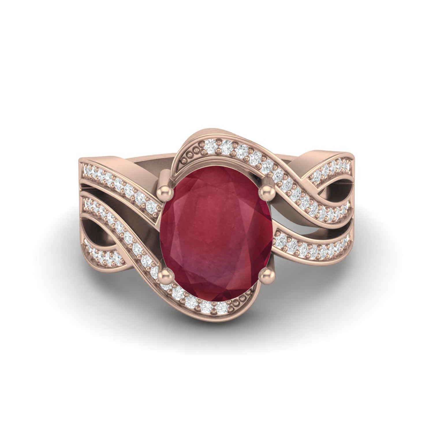 Ruby 3.00 Ct Oval Solitaire Wave Halo Ring – 14k Yellow Gold