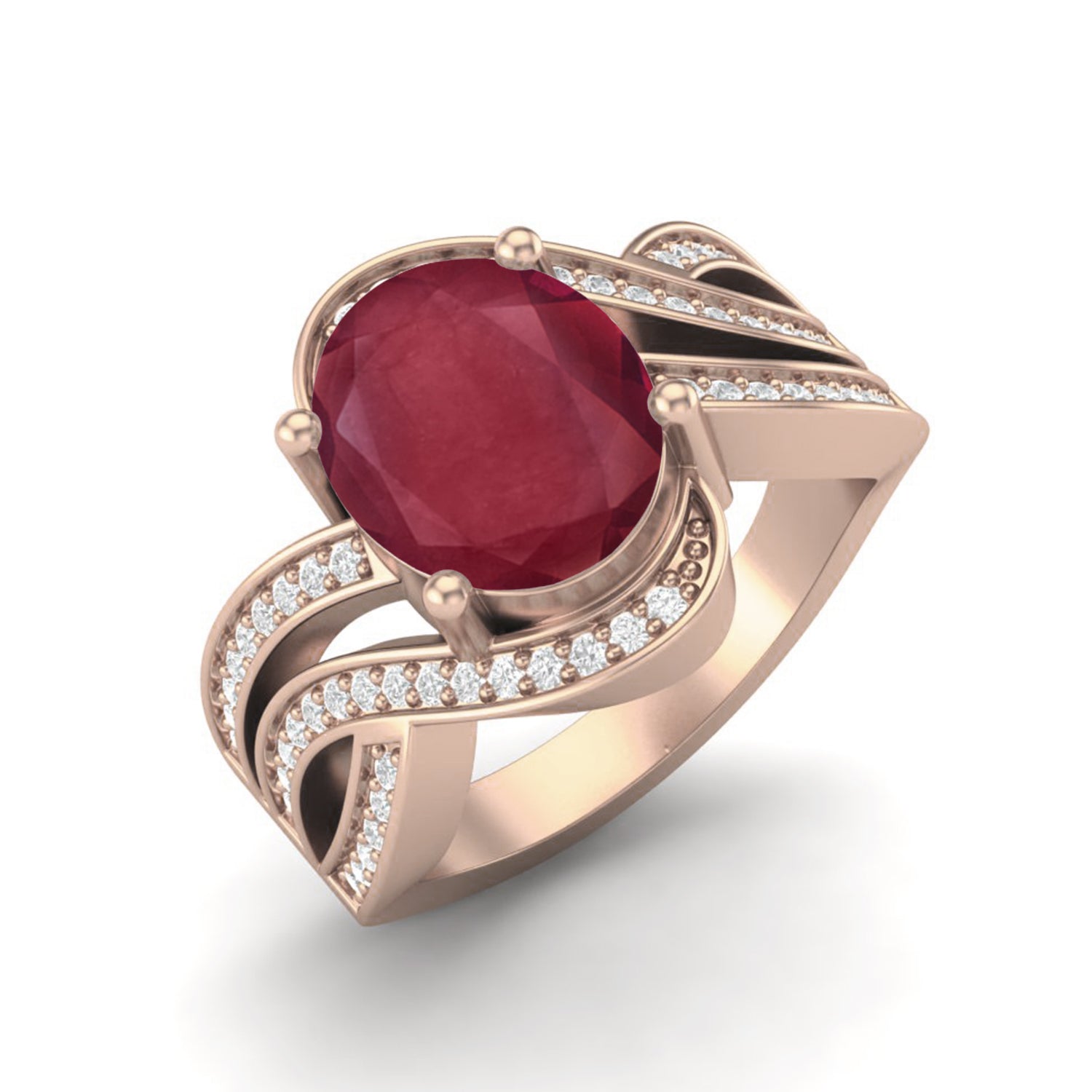Ruby 3.00 Ct Oval Solitaire Wave Halo Ring – 14k Yellow Gold