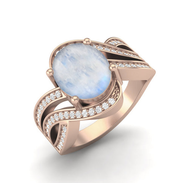 Natural Moonstone Engagement Ring 925 Sterling Silver Platinum Plated Solitaire Wedding Ring