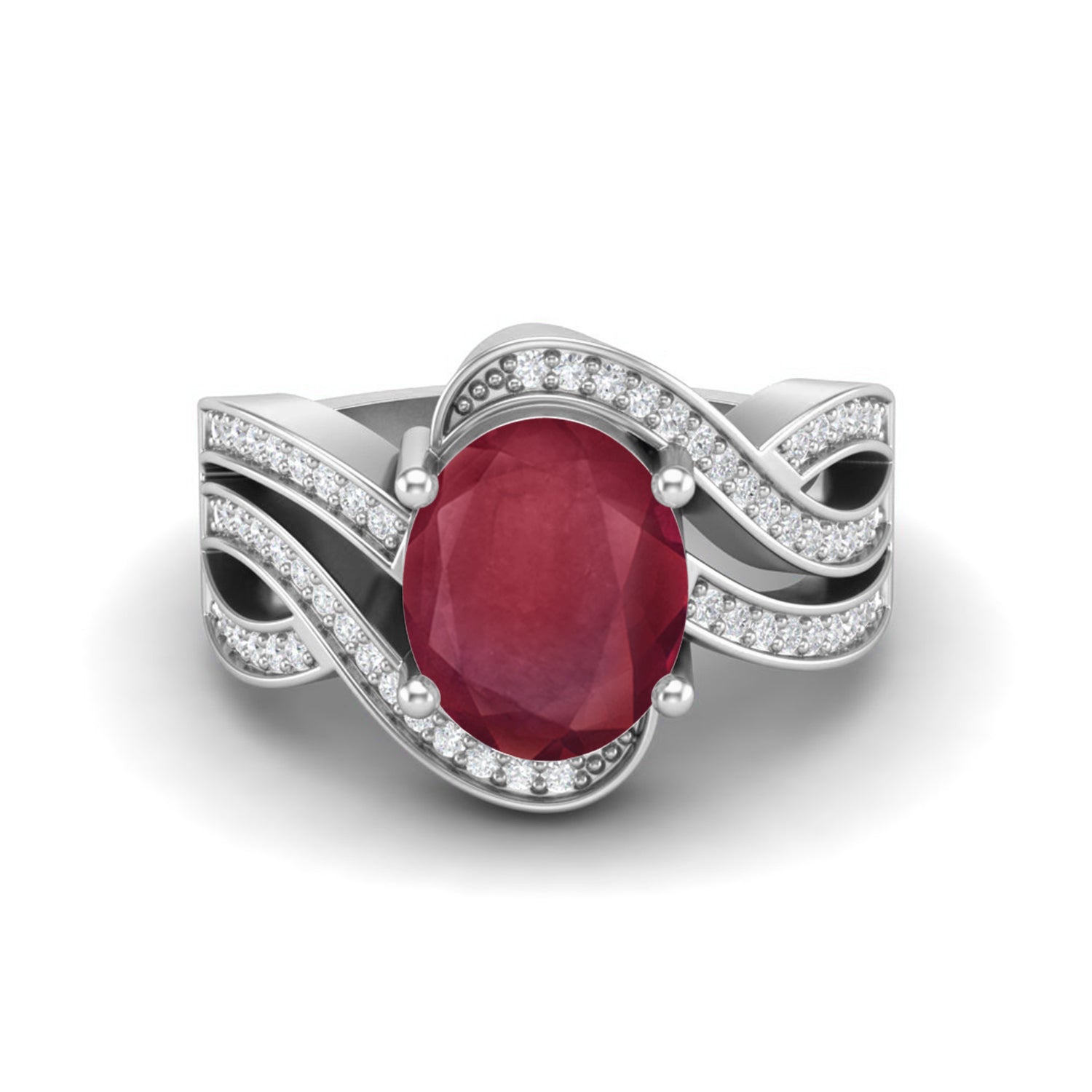 Ruby 3.00 Ct Oval Solitaire Wave Halo Ring – 14k Yellow Gold