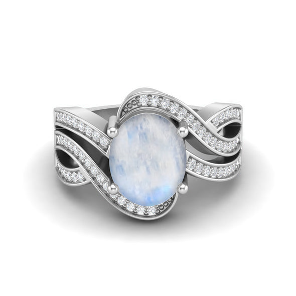 Natural Moonstone Engagement Ring 925 Sterling Silver Platinum Plated Solitaire Wedding Ring