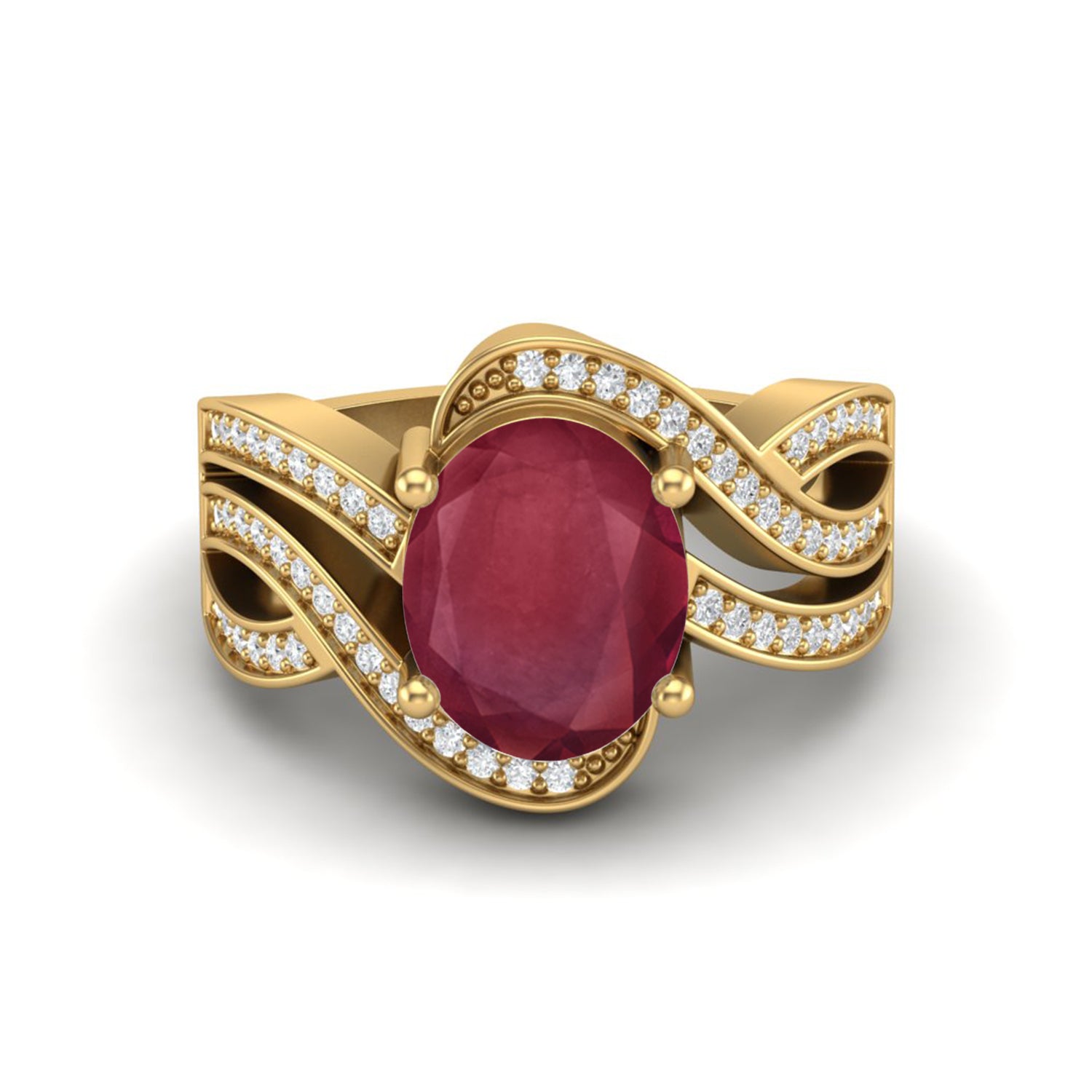 Ruby 3.00 Ct Oval Solitaire Wave Halo Ring – 14k Yellow Gold