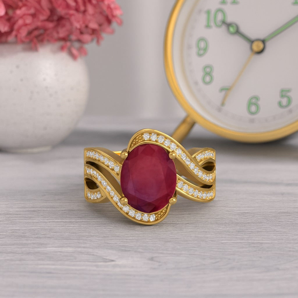 Ruby 3.00 Ct Oval Solitaire Wave Halo Ring – 14k Yellow Gold