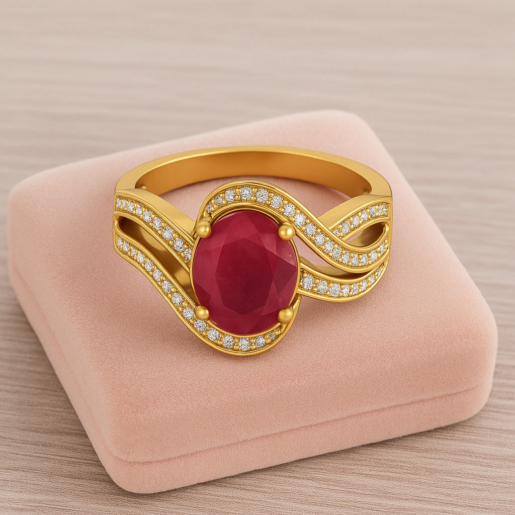 Ruby 3.00 Ct Oval Solitaire Wave Halo Ring – 14k Yellow Gold