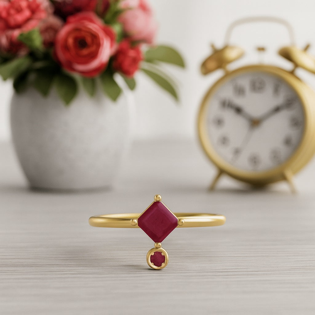 Ruby 0.60 Ct Square Modern Drop Ring – 14k Yellow Gold