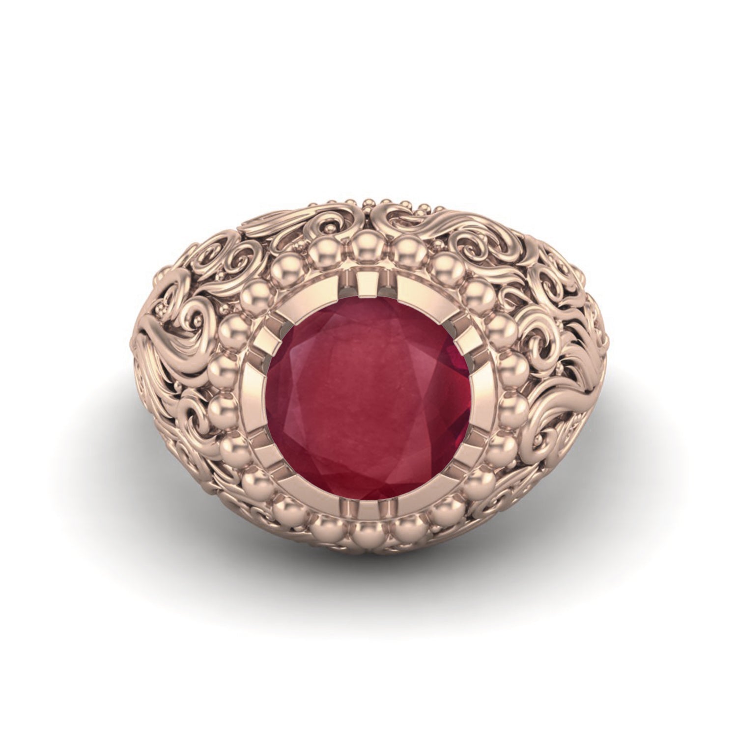 Ruby 3.50 Ct Round Vintage Filigree Statement Ring – 14k Yellow Gold