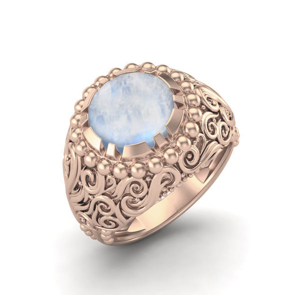 Natural Moonstone Engagement Ring Art Deco Filigree Wedding Ring 925 Sterling Silver Ring