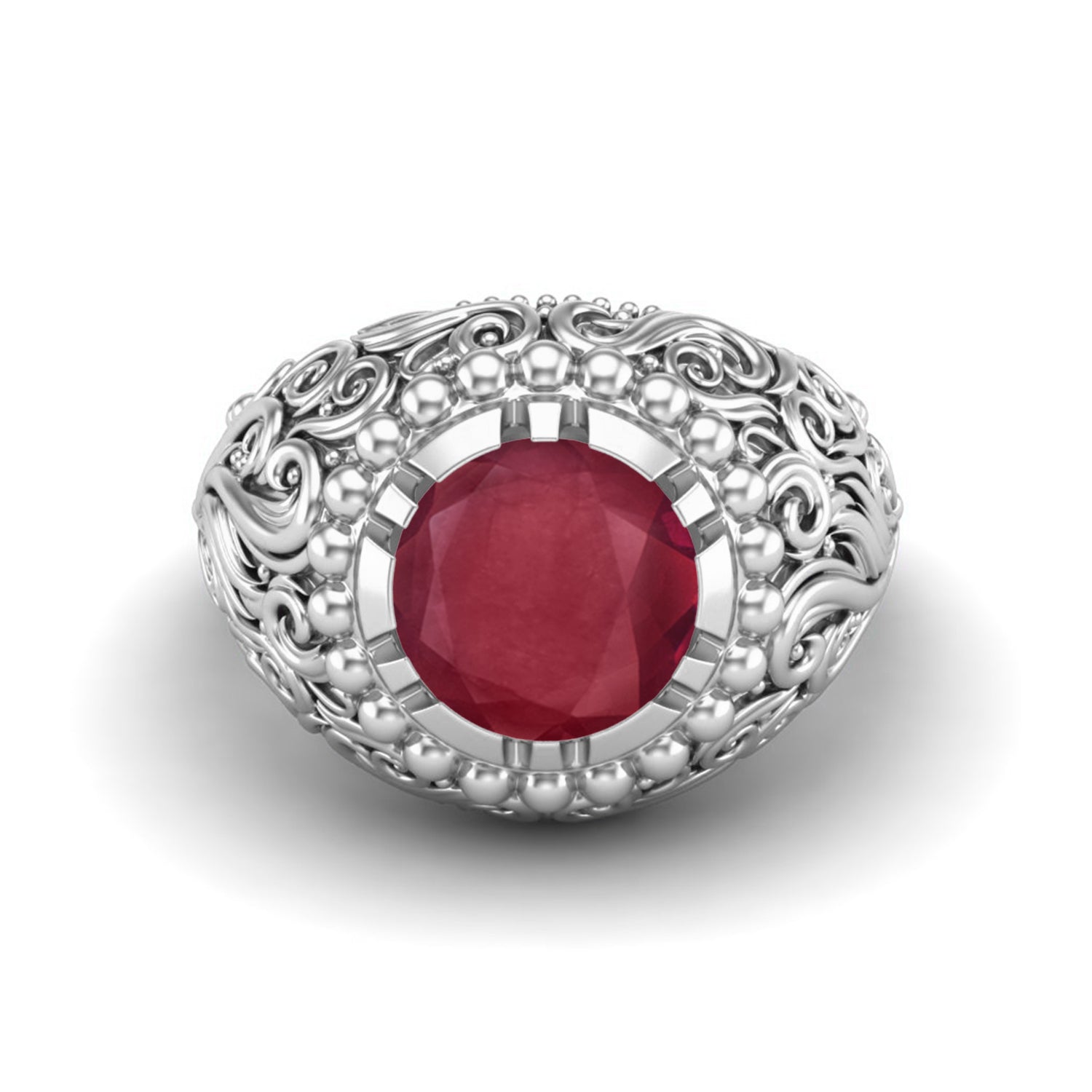 Ruby 3.50 Ct Round Vintage Filigree Statement Ring – 14k Yellow Gold
