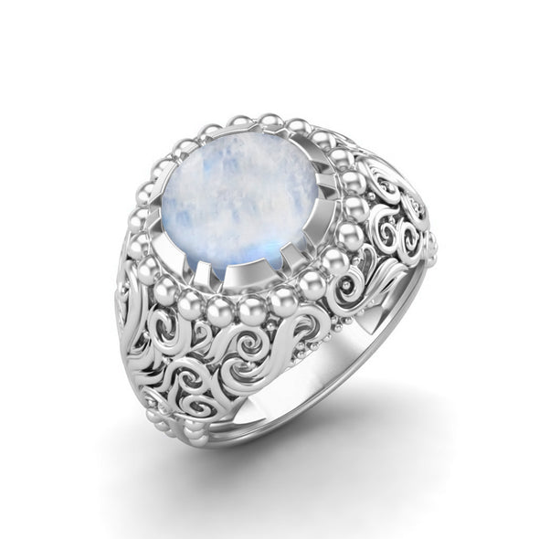 Natural Moonstone Engagement Ring Art Deco Filigree Wedding Ring 925 Sterling Silver Ring