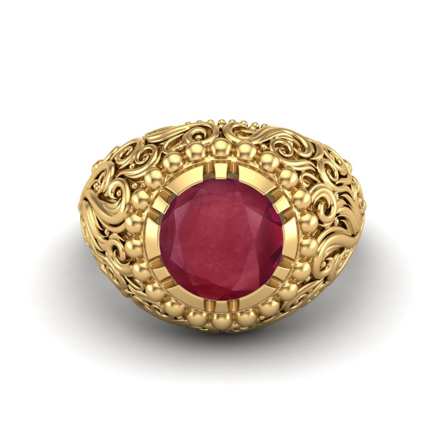 Ruby 3.50 Ct Round Vintage Filigree Statement Ring – 14k Yellow Gold