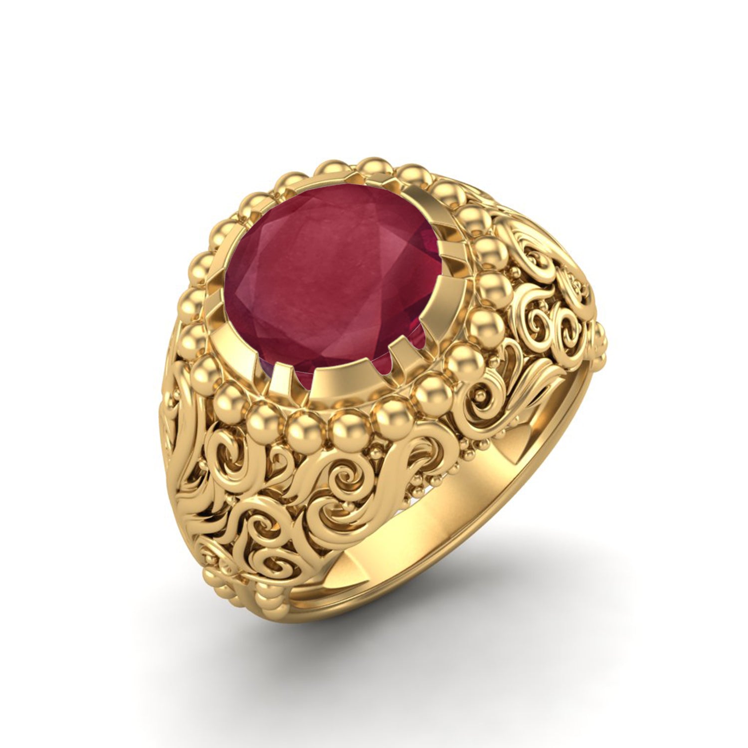 Ruby 3.50 Ct Round Vintage Filigree Statement Ring – 14k Yellow Gold