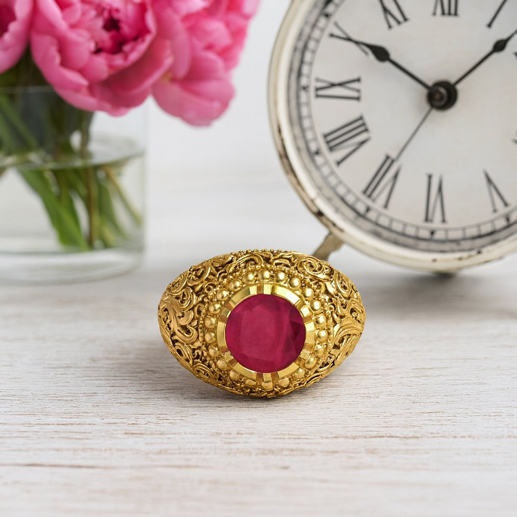 Ruby 3.50 Ct Round Vintage Filigree Statement Ring – 14k Yellow Gold