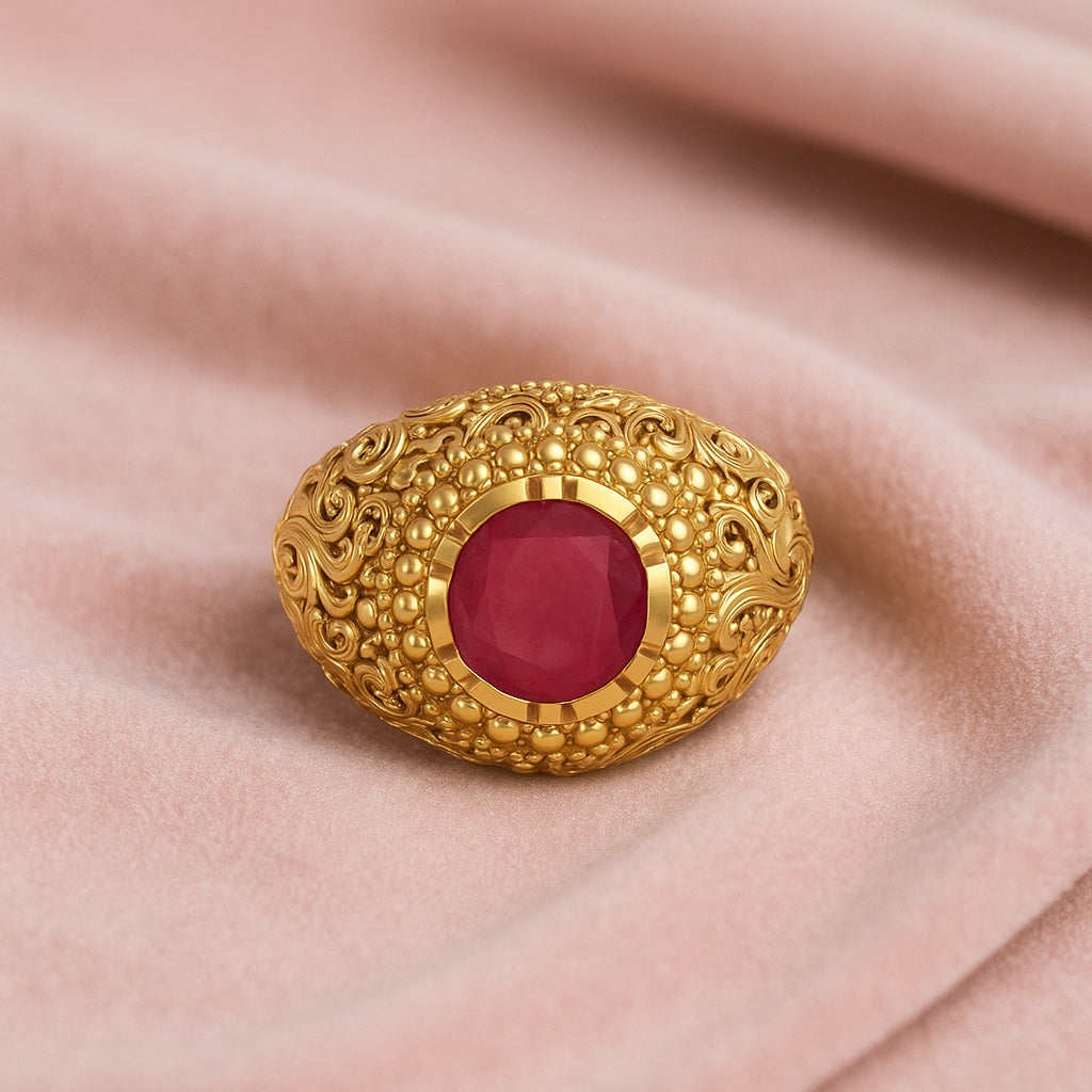 Ruby 3.50 Ct Round Vintage Filigree Statement Ring – 14k Yellow Gold