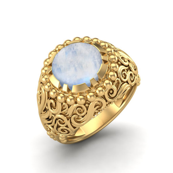 Natural Moonstone Engagement Ring Art Deco Filigree Wedding Ring 925 Sterling Silver Ring