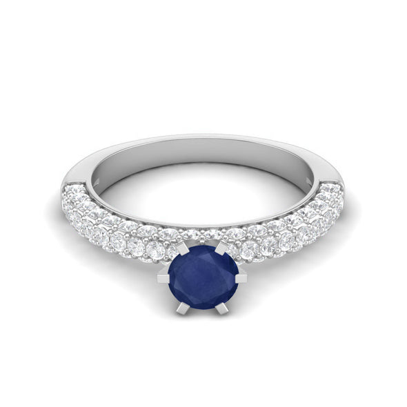Round Shape Genuine Blue Sapphire and Natural Round White Zircon Accent 925 Sterling Silver Wedding Ring