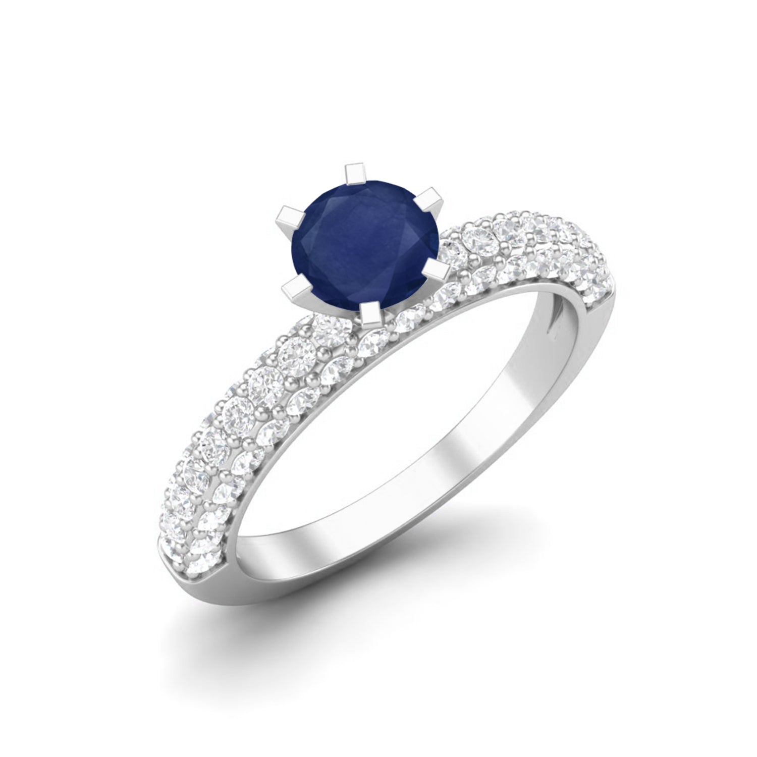 Blue Sapphire Solitaire with Accents Band Ring – Sterling Silver