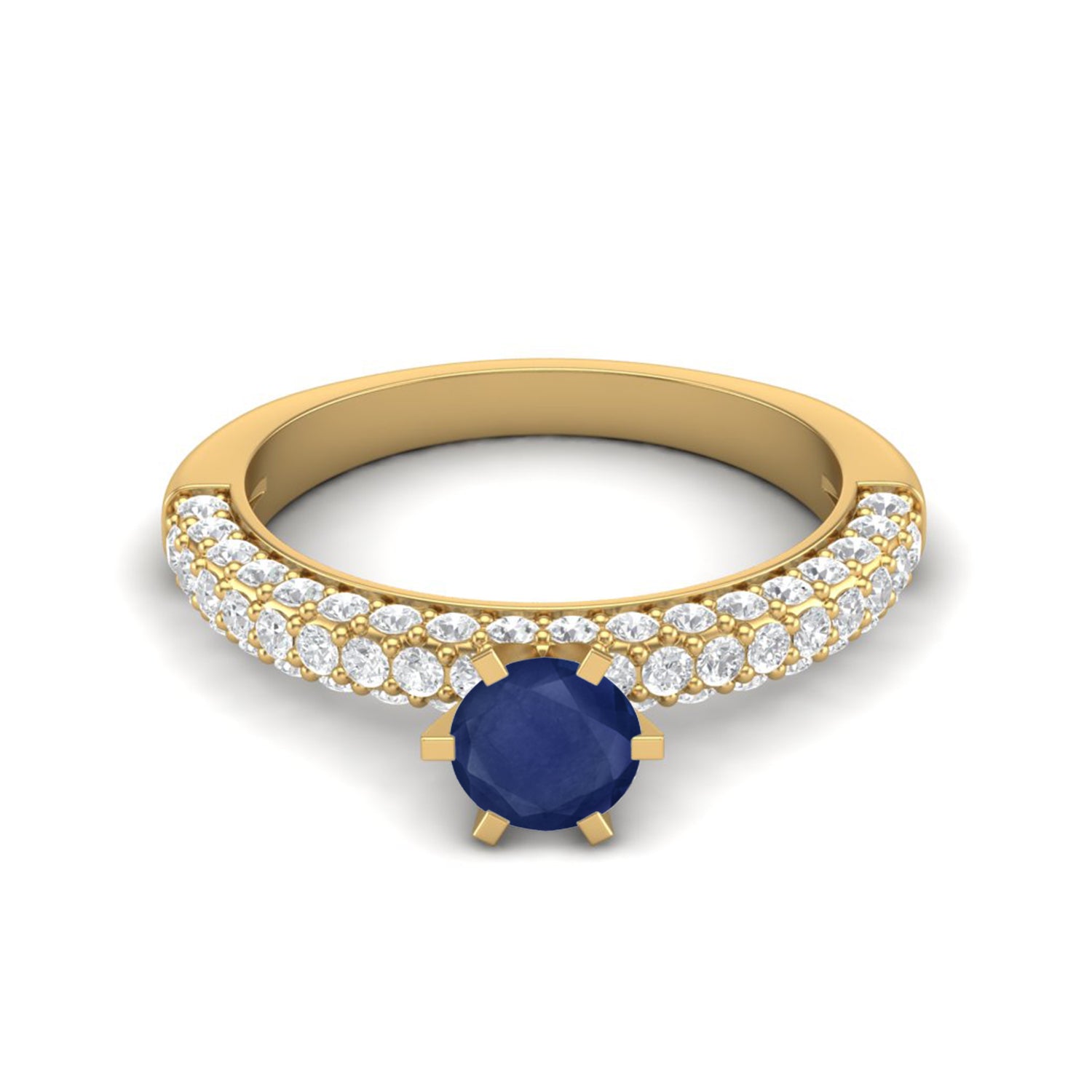 Blue Sapphire 0.50 Ct Round Soliatire Pavé Band Ring – 14k Yellow Gold