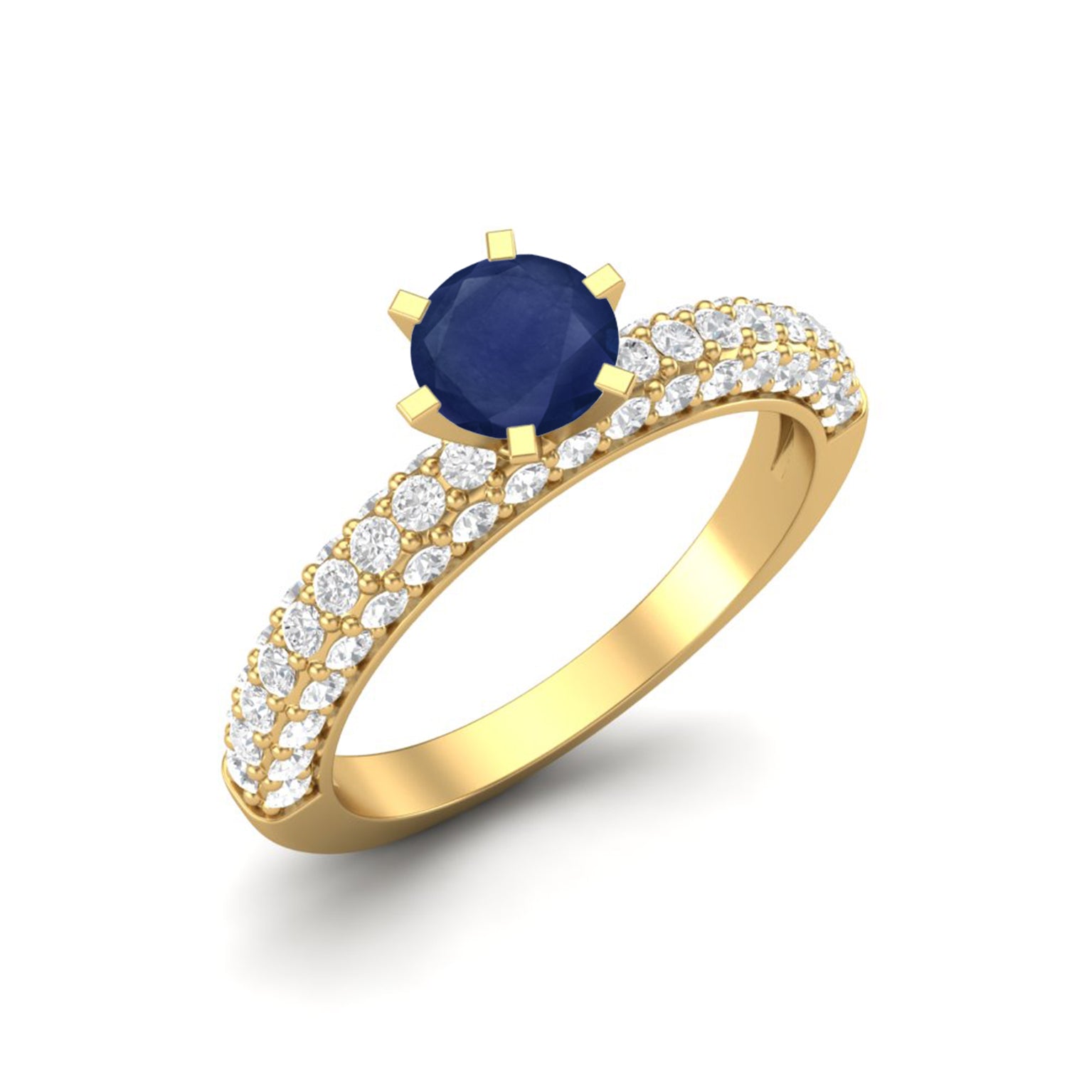 Blue Sapphire 0.50 Ct Round Soliatire Pavé Band Ring – 14k Yellow Gold