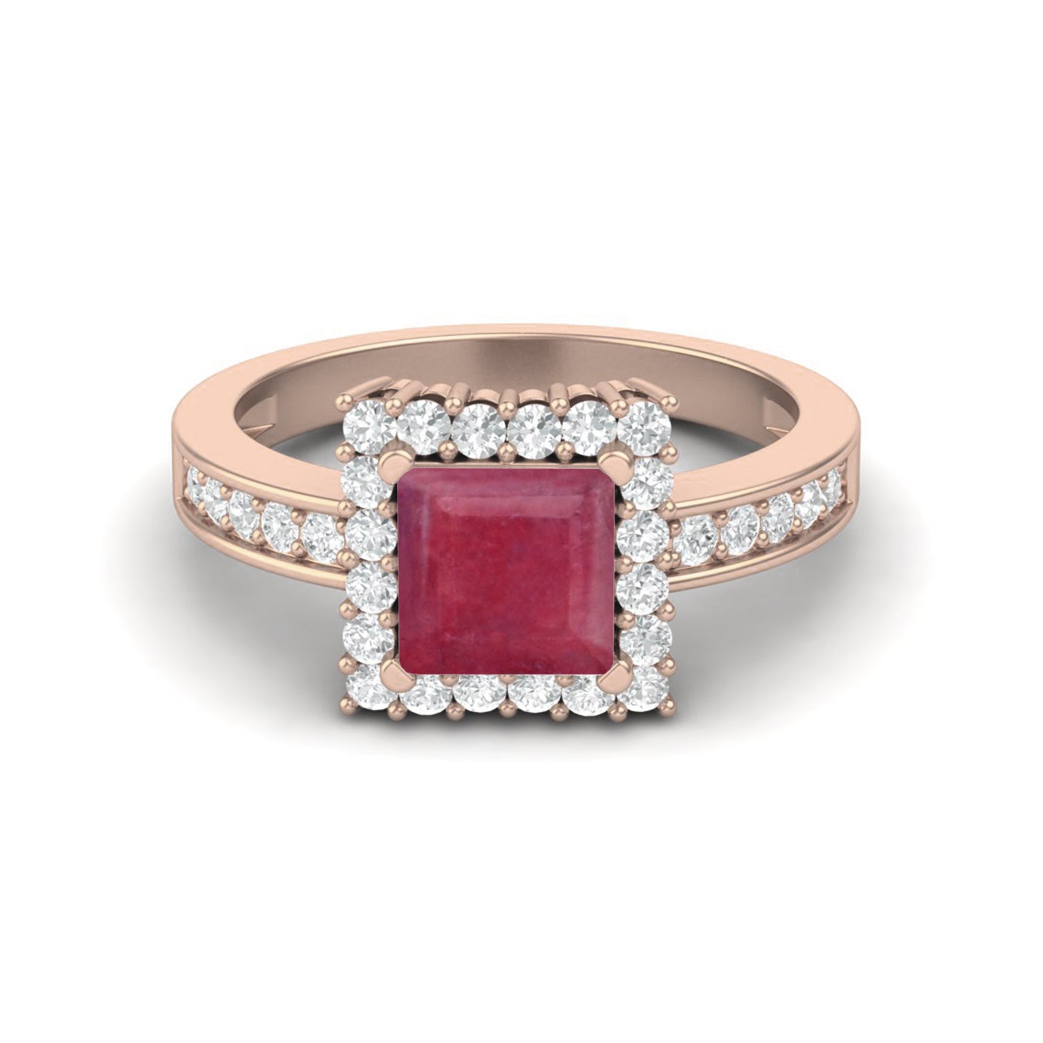 Ruby 1.30 Ct Square Halo Ring – 14k Yellow Gold