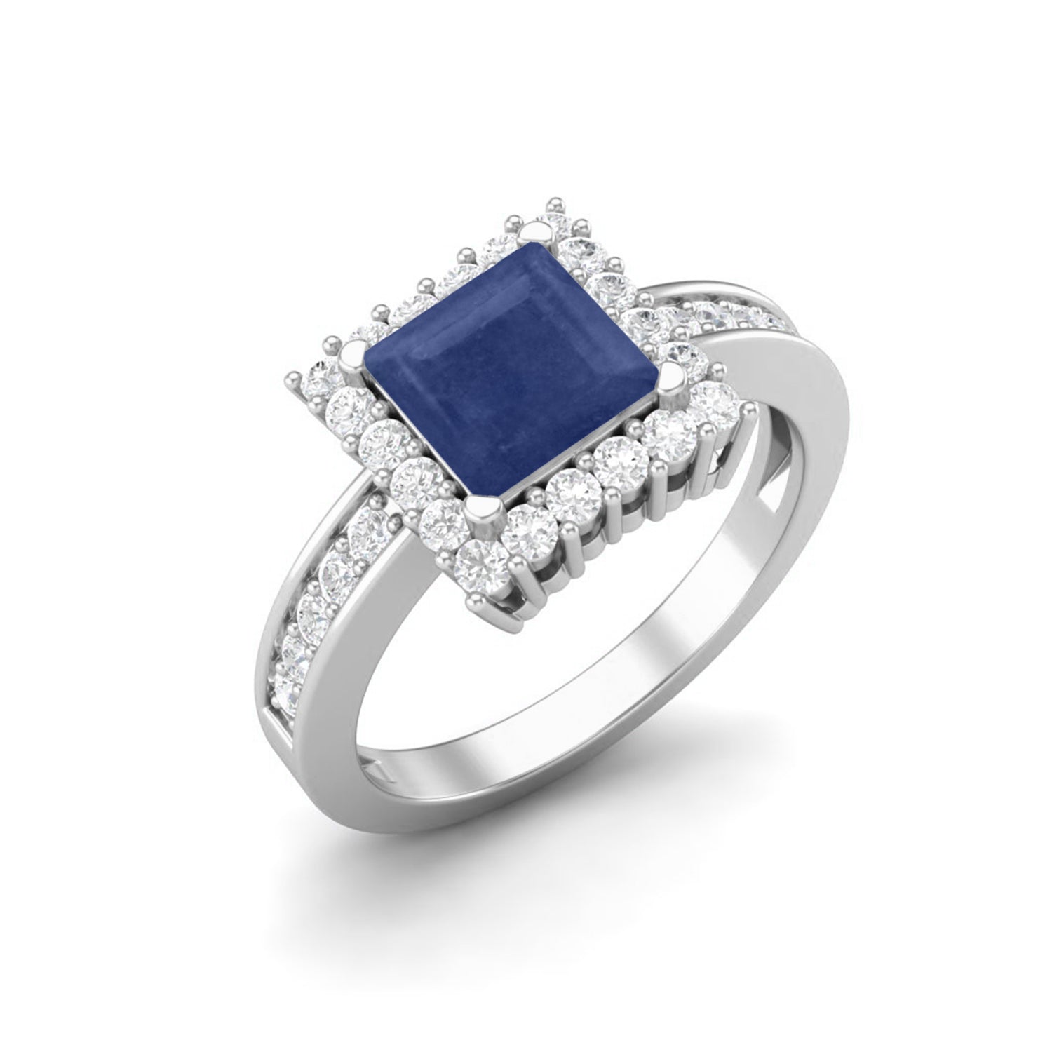 Blue Sapphire Brilliant Halo Accented Ring – Sterling Silver