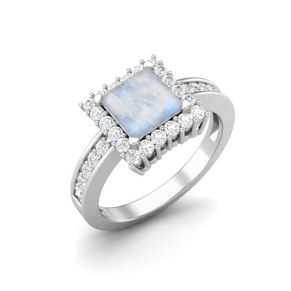 Square Cut Moonstone Solitaire Wedding Ring 925 Sterling Silver Engagement Ring