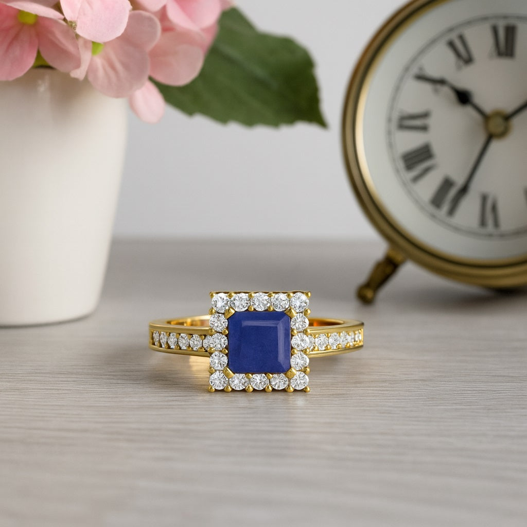 Blue Sapphire 1.30 Ct Square Solitaire with Accents Ring – 14k Yellow Gold
