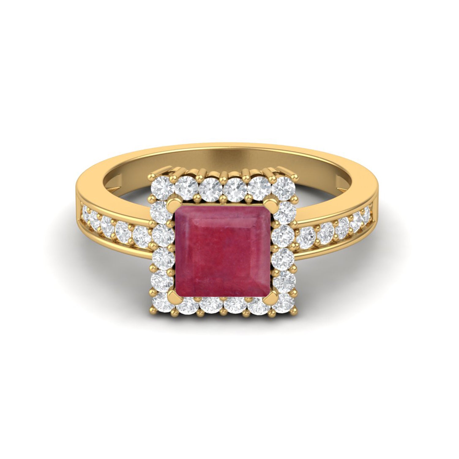 Ruby 1.30 Ct Square Halo Ring – 14k Yellow Gold