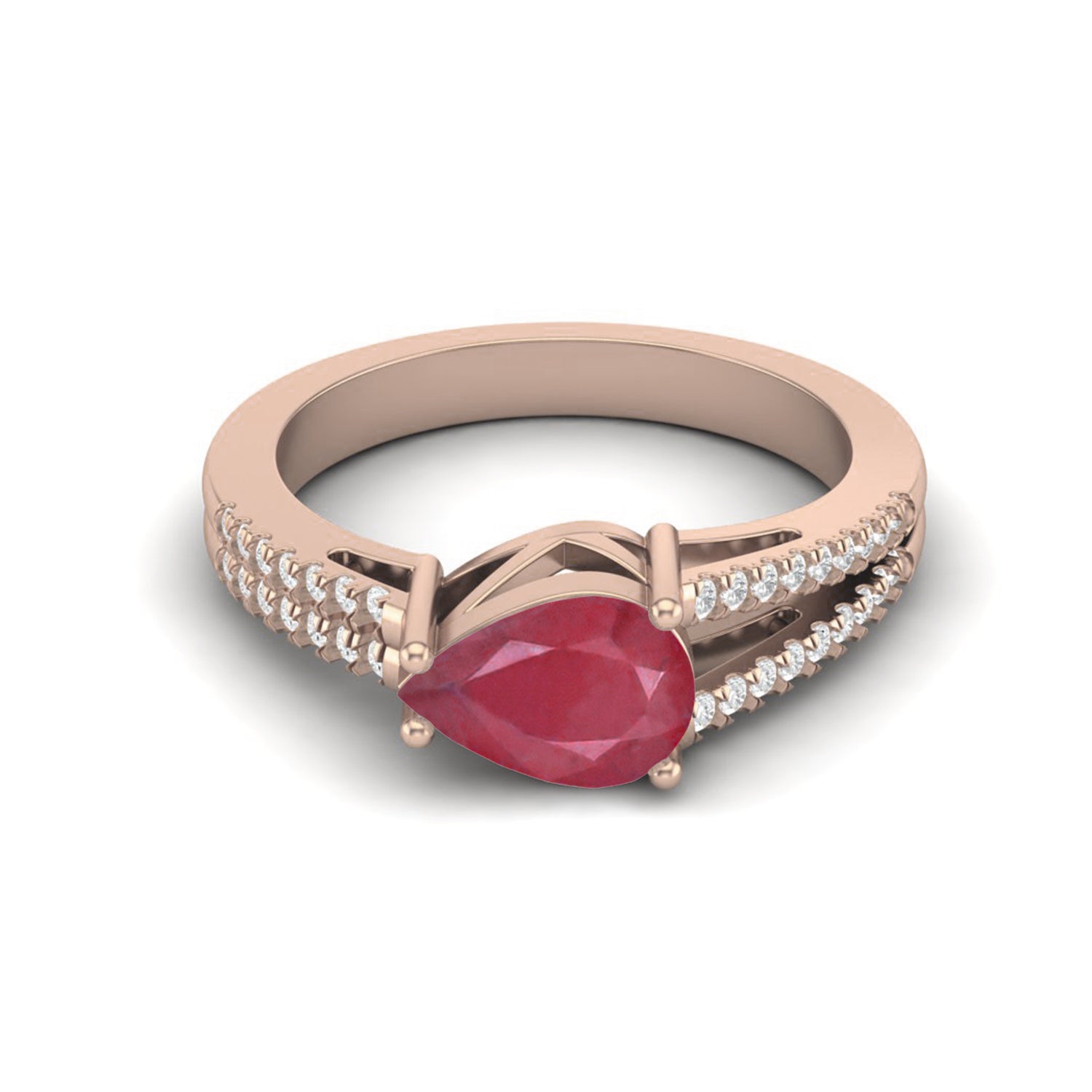 Ruby 2.00 Ct Pear Solitaire Split Shank Ring – 14k Yellow Gold