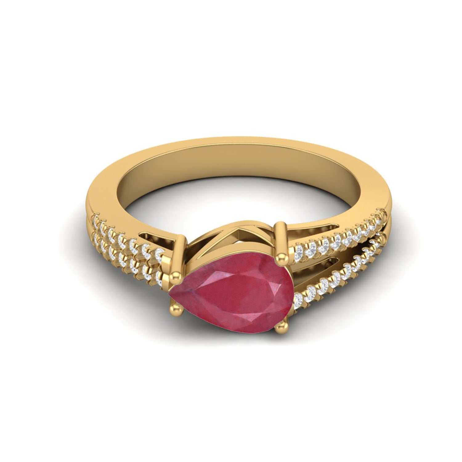 Ruby 2.00 Ct Pear Solitaire Split Shank Ring – 14k Yellow Gold