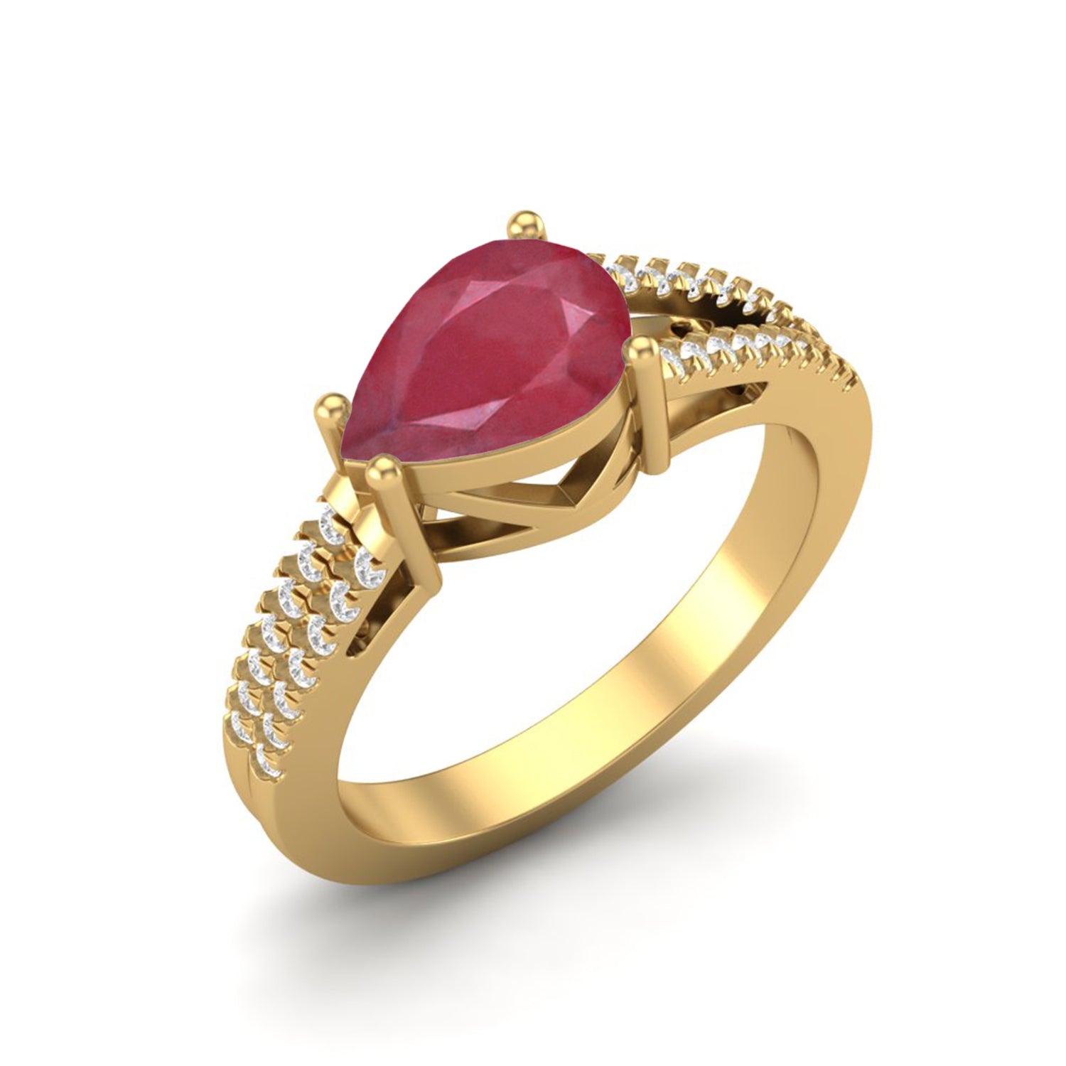 Ruby 2.00 Ct Pear Solitaire Split Shank Ring – 14k Yellow Gold