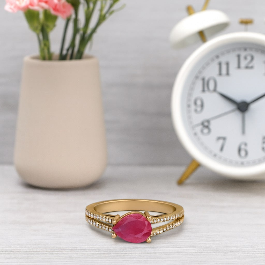 Ruby 2.00 Ct Pear Solitaire Split Shank Ring – 14k Yellow Gold