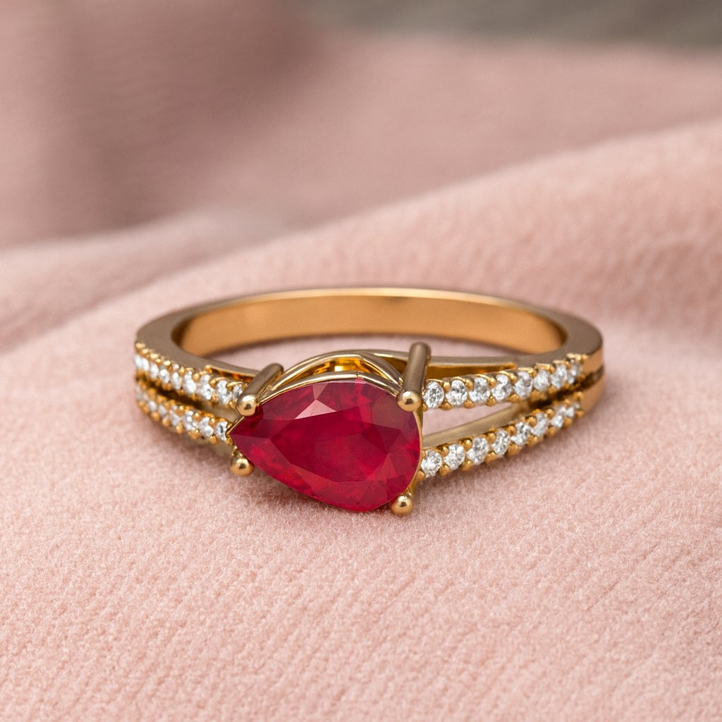 Ruby 2.00 Ct Pear Solitaire Split Shank Ring – 14k Yellow Gold