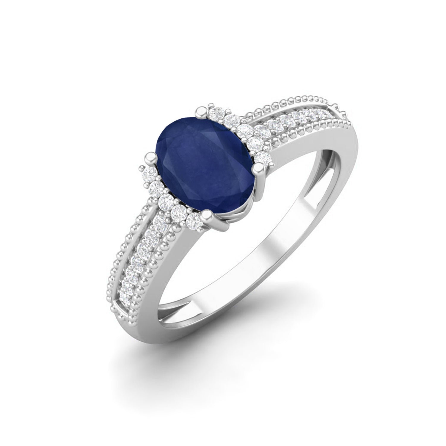 Blue Sapphire Milgrain Pave Band Design Ring – Sterling Silver