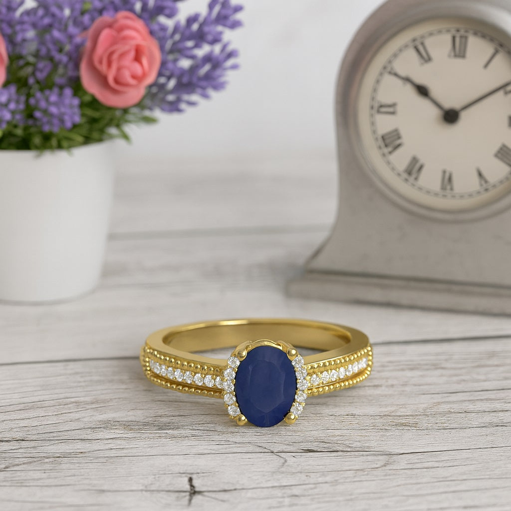 Blue Sapphire Oval 0.25 Ct Solitaire with Accents Ring – 14k Yellow Gold