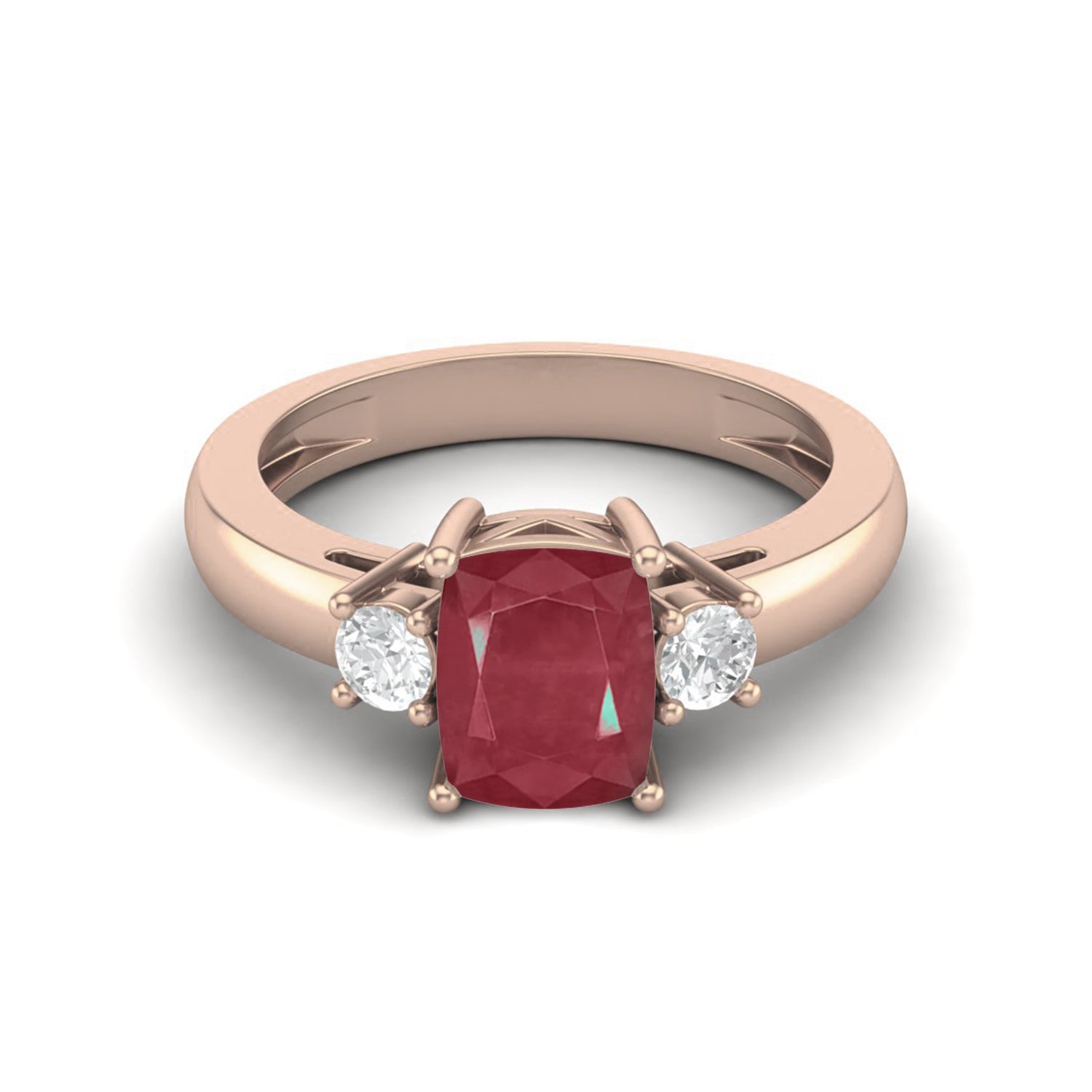 Ruby 1.50 Ct Cushion Cut Three Stone  Ring – 14k Yellow Gold