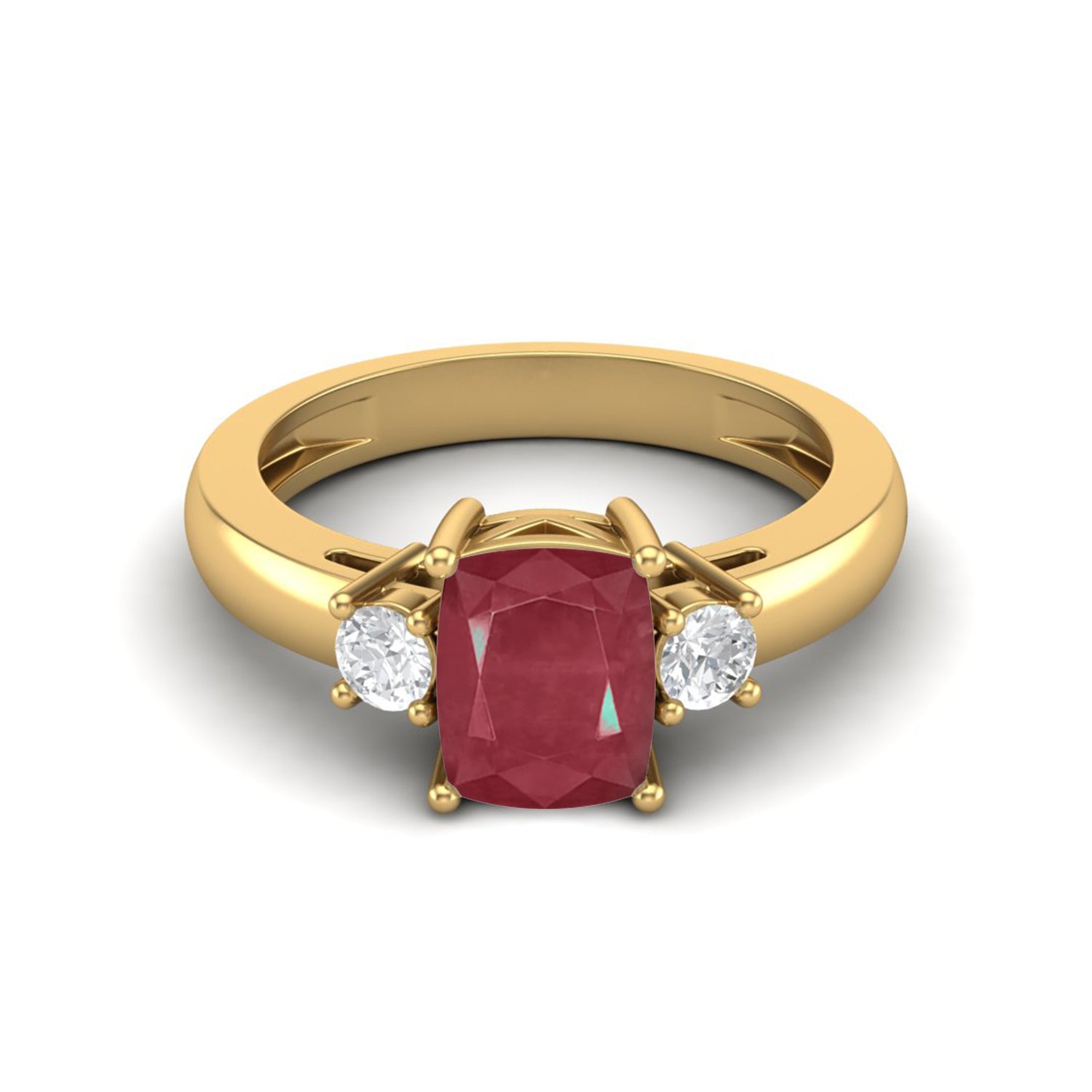 Ruby 1.50 Ct Cushion Cut Three Stone  Ring – 14k Yellow Gold
