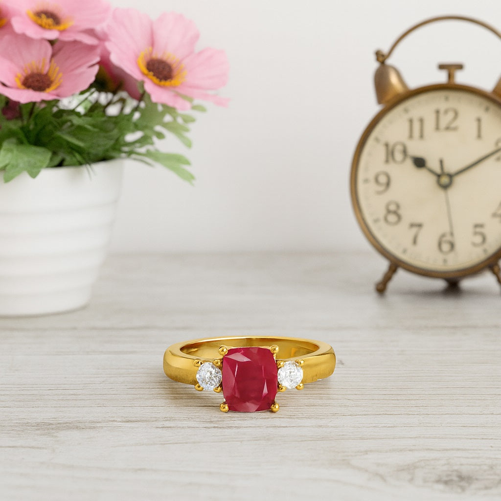 Ruby 1.50 Ct Cushion Cut Three Stone  Ring – 14k Yellow Gold