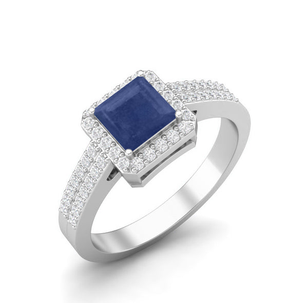 6 MM Square Cut Blue Sapphire Gemstone Halo Accent Ring 925 Sterling Silver Wedding Ring