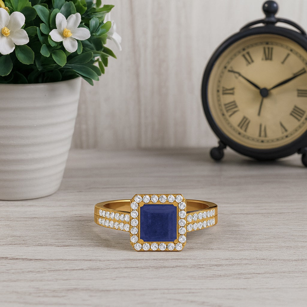 Blue Sapphire Square 1.3 Ct Halo Split Shank Ring – 14k Yellow Gold