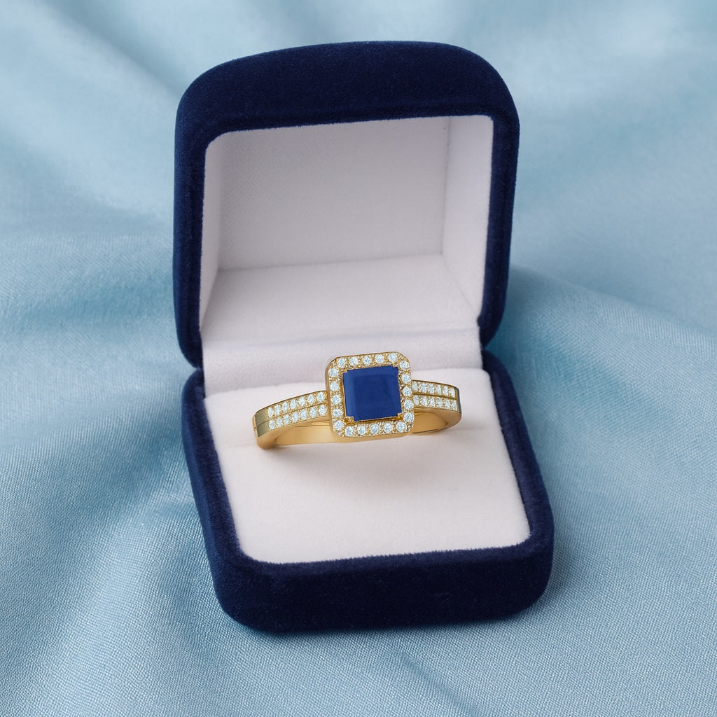 Blue Sapphire Square 1.3 Ct Halo Split Shank Ring – 14k Yellow Gold