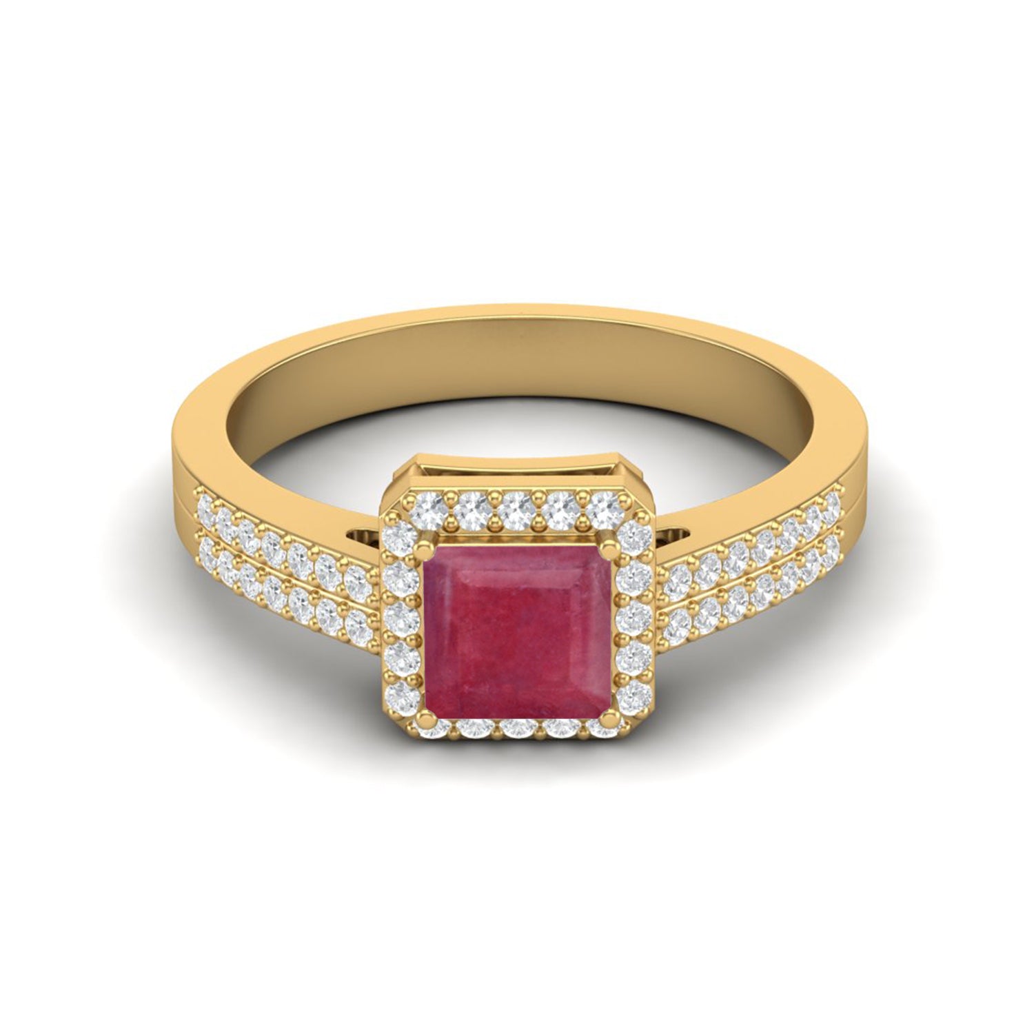 Ruby 1.30 Ct Square Solitaire with Accents Ring – 14K Yellow Gold