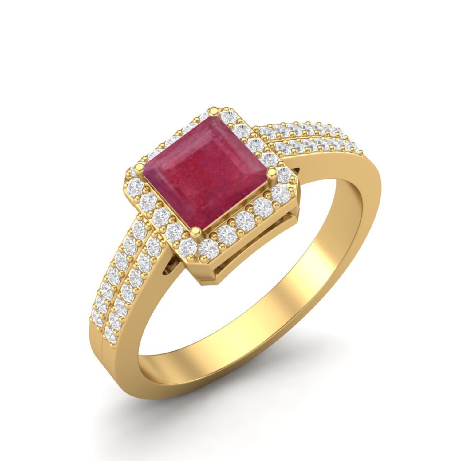 Ruby 1.30 Ct Square Solitaire with Accents Ring – 14K Yellow Gold