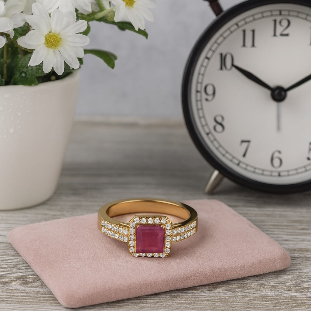 Ruby 1.30 Ct Square Solitaire with Accents Ring – 14K Yellow Gold