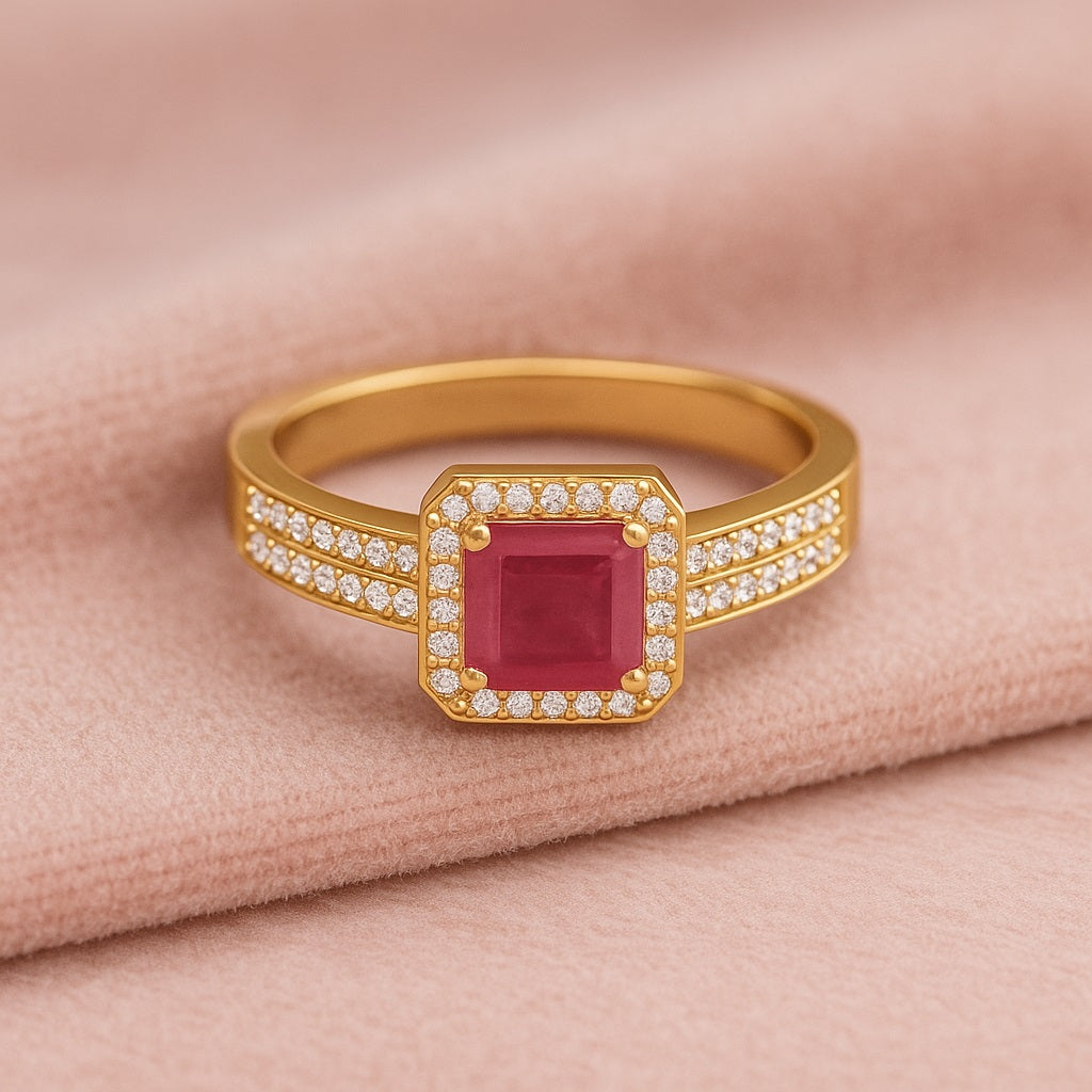 Ruby 1.30 Ct Square Solitaire with Accents Ring – 14K Yellow Gold