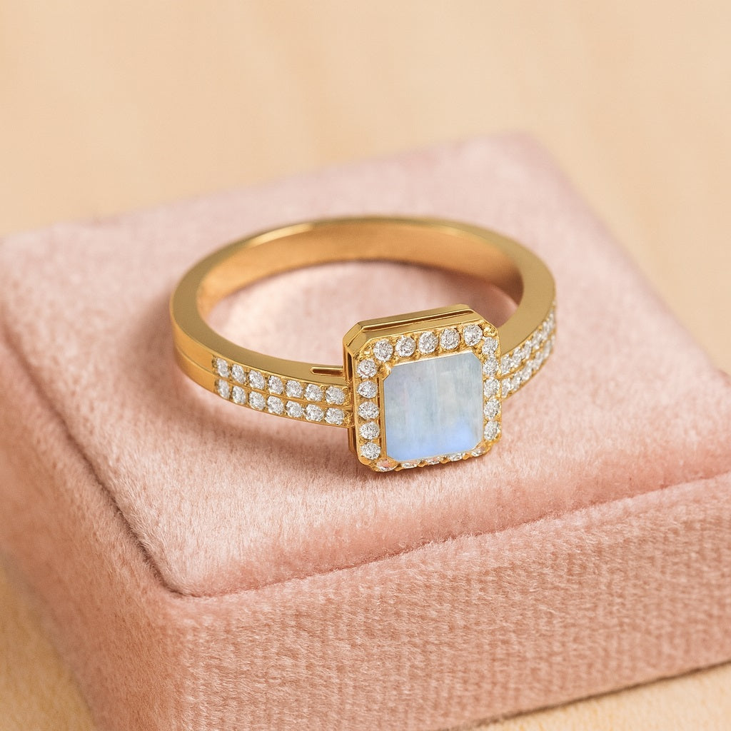 Moonstone Square Bold Double Band Ring - Sterling Silver